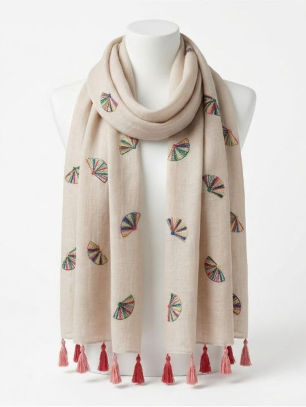 Boho Viscose Scarf Fan Embroidery Tassel Trim Neutral Wrap Festival Statement